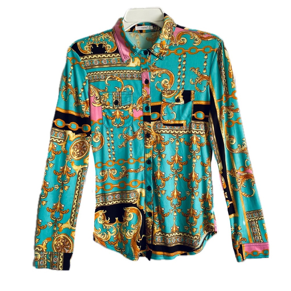Elegant women’s blouse, multicolored paisley. Size M. Long sleeve. Nice!